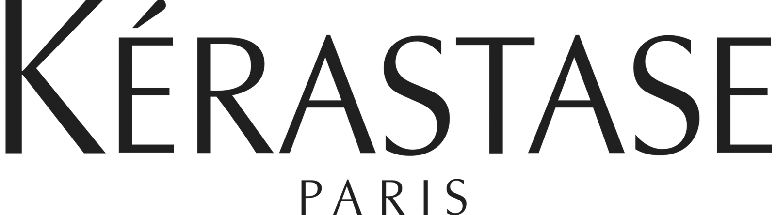 Logo "KERASTASE PARIS" en negro sobre blanco, reflejando una marca distintiva.